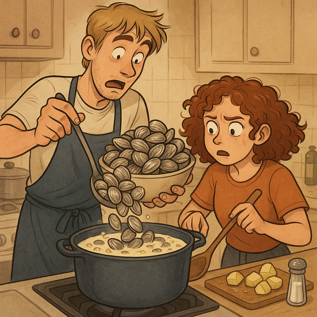 Nicole and Nolan eat clam chowder